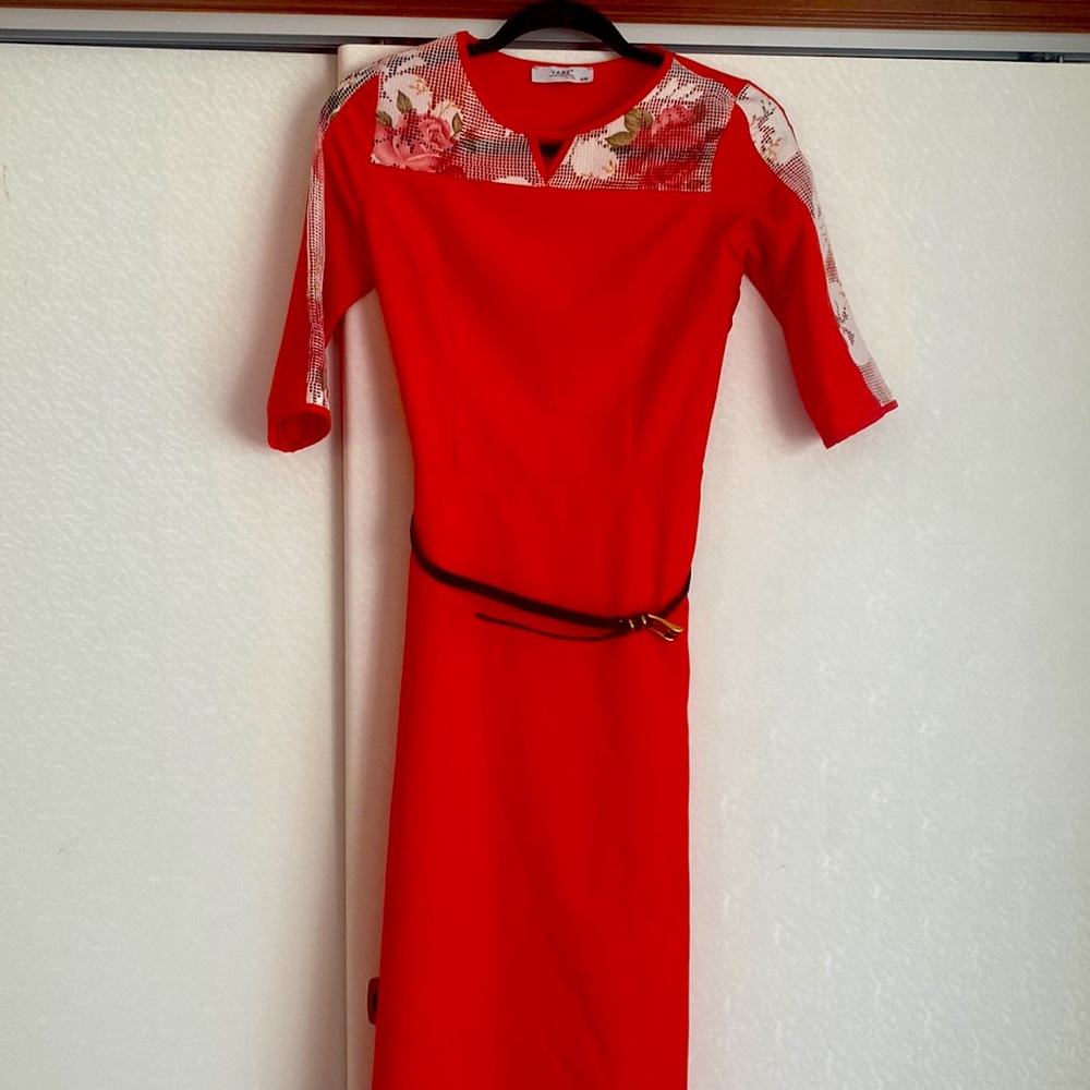 straight bright pink floral mid sleeve, modest dress